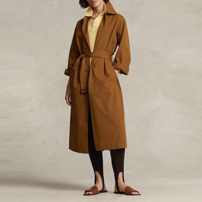 Camel Longline Tie Waist Cotton Coat