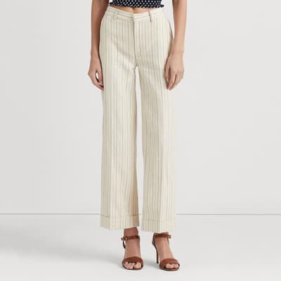 Cream Striped Linen Blend Trousers