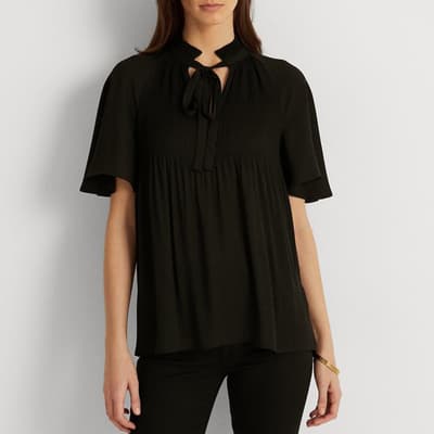 Black Pleated Tie Neck Blouse