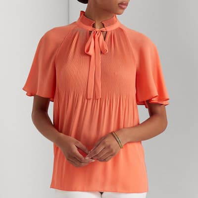 Orange Pleated Tie Neck Blouse