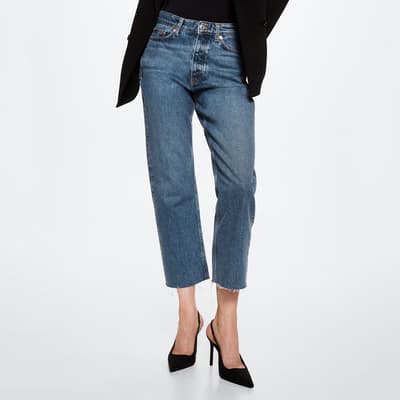 Dark Blue High-Waist Cropped Straight Jeans