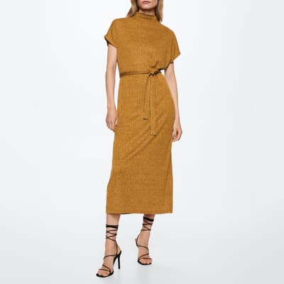 Ochre Ribbed Tie Waist Dress Midi Dress