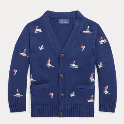 Toddler Boy's Navy V-Neck Printed Cotton cardigan