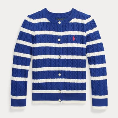 Toddler Girl's Royal Blue Striped Cable Knit Cotton Cardigan