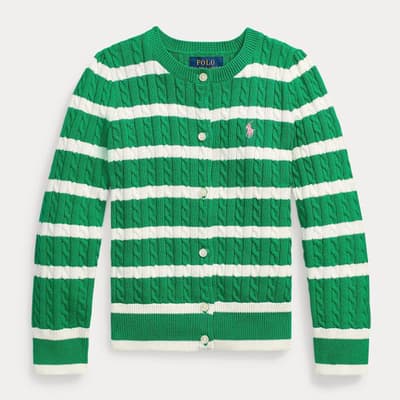 Toddler Girl's Green Striped Cable Knit Cotton Cardigan