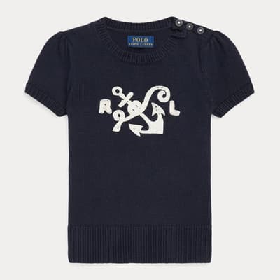 Younger Girl's Navy Chest Logo Cotton Knit Top