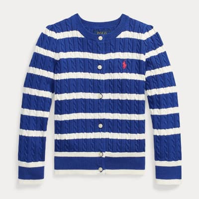 Younger Girl's Royal Blue Striped Cable Knit Cotton Cardigan