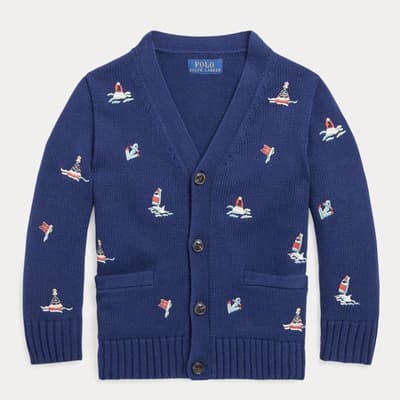 Older Boy's Navy V-Neck Printed Cotton cardigan