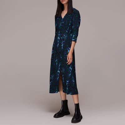 Blue Night Cat Print Midi Dress