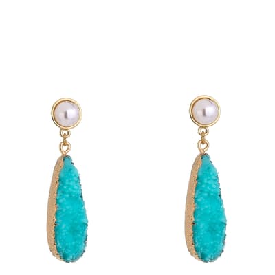 18K Gold Pearl & Turquoise Tear Drop Earrings