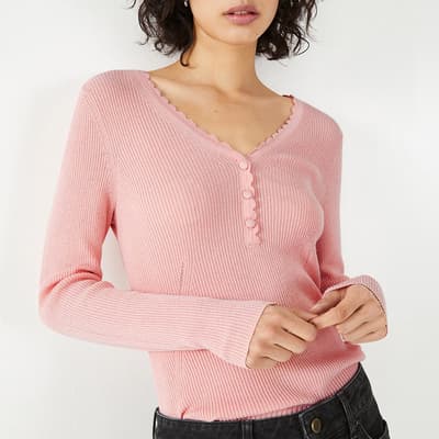 Pink Henley Wool Blend Ribbed Top