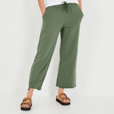 Khaki Cropped Wide Leg Cotton Trousers