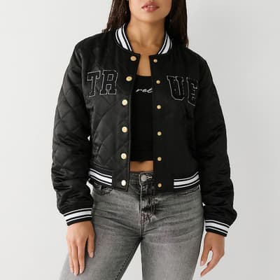 Black Quilted Satin Bomber Jacket