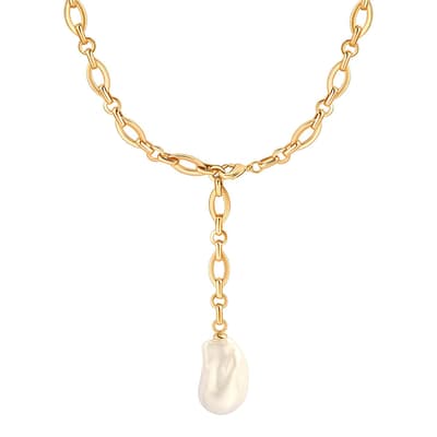 18K Gold Fancy Link Baroque Pearl Lariat Necklace