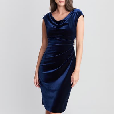 Navy Jeanie Velvet Cowl Neck Dress