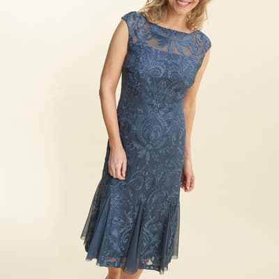 Blue Rosia Brocade Midi Cocktail Dress