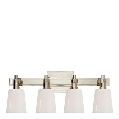 Bryant Four-Light Bath Sconce in Polished Nickel with White Glass
