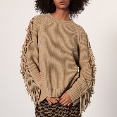 Camel Fringe Sleeve Cable Jumper