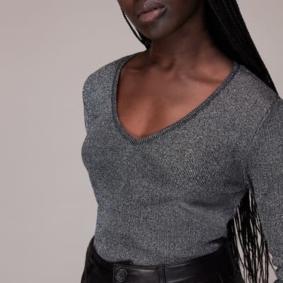 Grey Long Sleeve Sparkle V Neck Top 