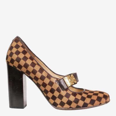 Louis Vuitton Brown pony skin checkered heels with buckle detail