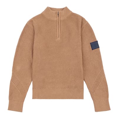 Boy's Camel Half Zip Cotton Jumper