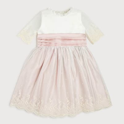 Pink Sash Detail Silk Dress with Tulle Overlay 