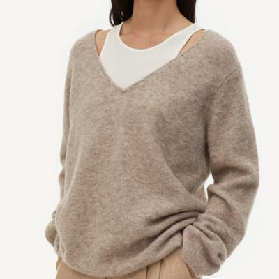 Beige Wool Blend V Neck Jumper