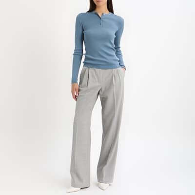 Slate Blue Wool Fine Knit Rib Henley Top