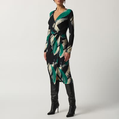 Black and Green Abstract Wrap Midi Dress