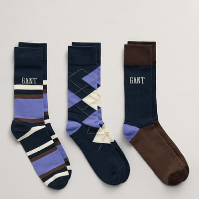 Navy/Blue Argyle Stripe 3-Pack Socks  