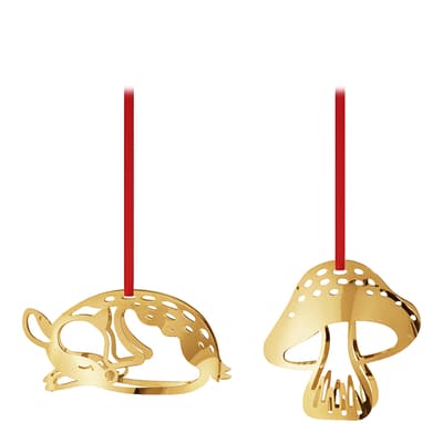 Holiday Ornament Set Deer & Mushroom 18KT Gold Plated