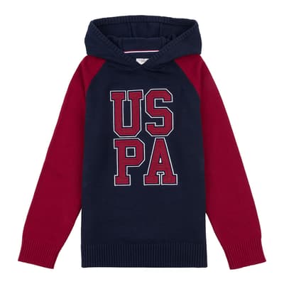 Younger Boy's Navy Embroidered Cotton Knit Hoodie