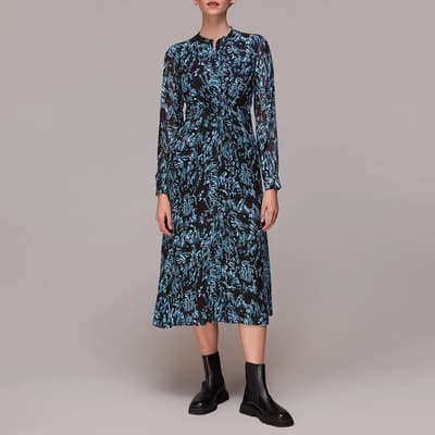 Blue Wood Printed Midi Dress