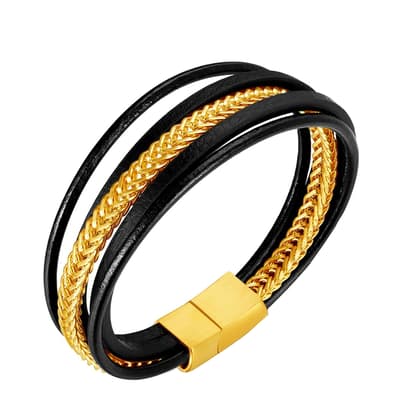 18K Gold Link & Black Leather Bracelet