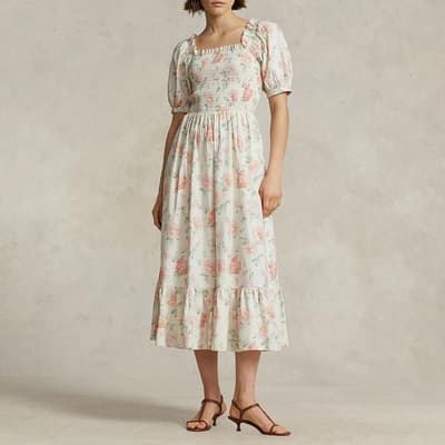 White Floral Cotton Midi Dress