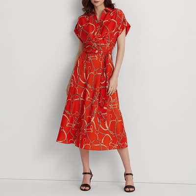 Orange Printed Belted Crepe Dress