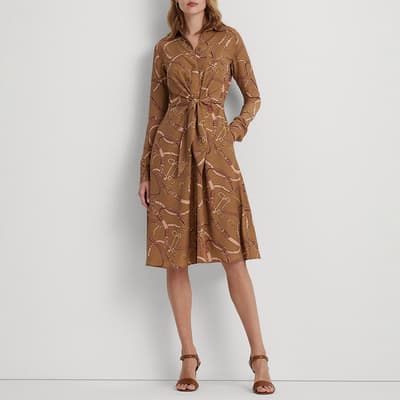 Camel Printed Belted Shirt Dress