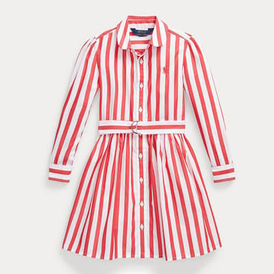 Younger Girl's Red Striped Belted Cotton Dress