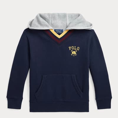 Younger Boy's Navy Embroidered Cotton Blend Hoodie