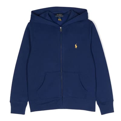 Younger Boy's Dark Blue Cotton Blend Zipped Hoodie