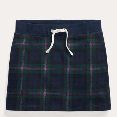 Younger Girl's Navy Tartan Cotton Blend Skirt