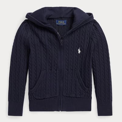 Younger Girl's Navy Cable Knit Cotton Zip Up Hoodie