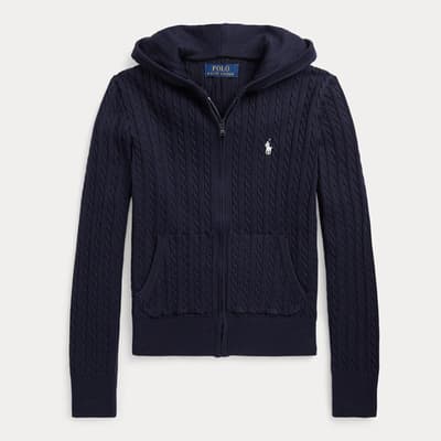 Older Girl's Navy Cable Knit Cotton Zip Up Hoodie