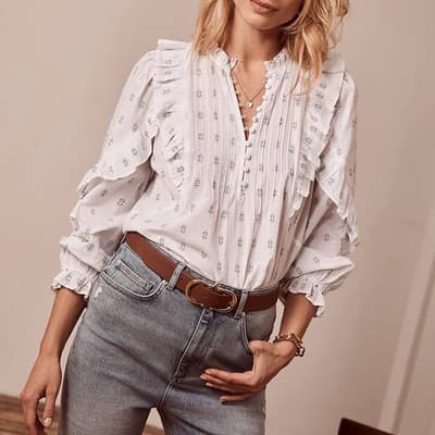 White Ruffle Jacquard Blouse