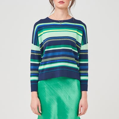 Blue and Gren Stitch Detail Stripe Sweater