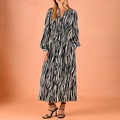 Mono Zebra Print Shirred Waist Shirt Dress