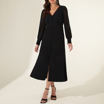 Black Grace Button Front Midi Dress