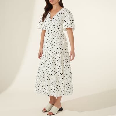 White Spot Linen Cotton Blend Midi Dress