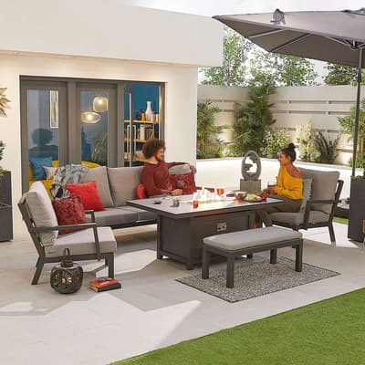 Vogue Sofa Dining Set with Firepit Table & Bench - Grey