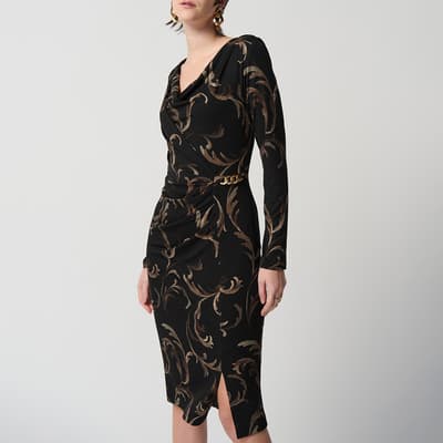 Black with Gold Pattern Wrap Dress